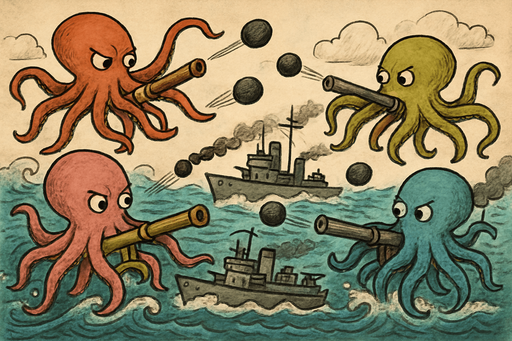guerra de pulpos con cañones, que sean de diferentes colores los pulpos de diferentes, tipo dibujo contra buques de guerra