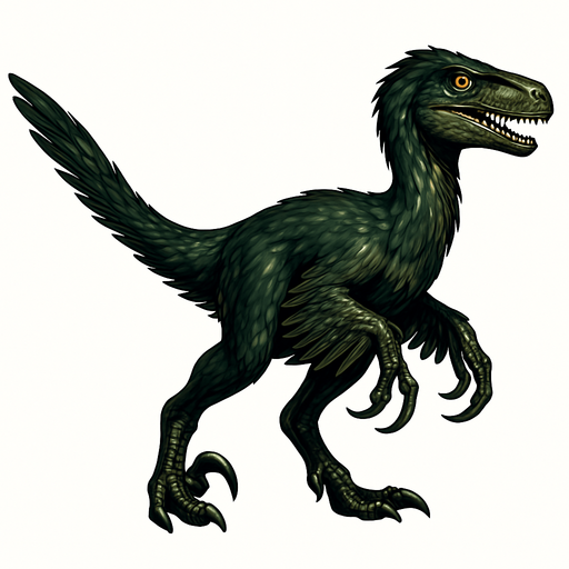 A sleek Deinonychus dinosaur covered with dark green and brown feathers, showing a mix of short downy feathers on the body and longer, quill-like feathers on the arms and tail. It has bright, alert eyes and a narrow head with sharp teeth visible. The legs are muscular with the signature sickle-shaped claws. Feathers have a glossy texture, giving the dinosaur a dynamic, bird-like appearance..
In-Game asset.  2d.  High contrast.  No shadows