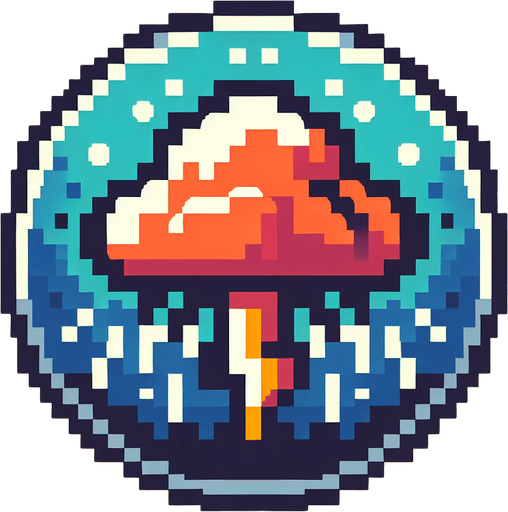 Retro art rain cloud with lighting bolt coming out the bottom 2d pixel art button logo.
Single Game Texture. In-Game asset. 2d. Blank background. High contrast. No shadows.