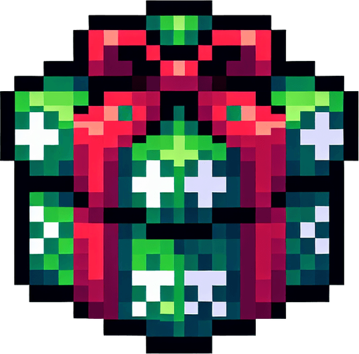 gift. pixelart. christmas. green and red. Single Game Texture. In-Game asset. 2d. Blank background. High contrast. No shadows.