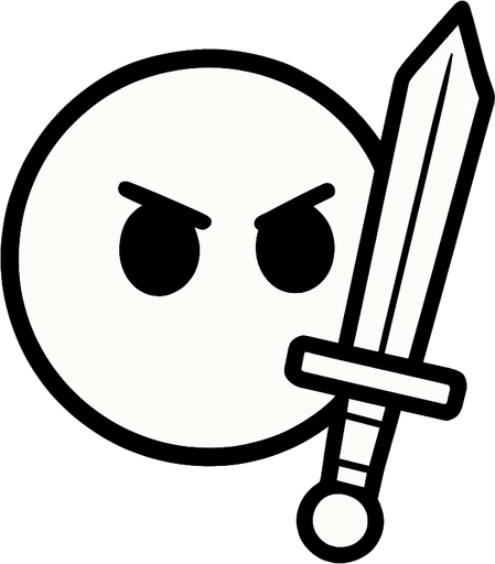 White simple circular enemy seen from above, black outline. Black eyes, with a single Sword in-font of it. Black and white only. Blue background.