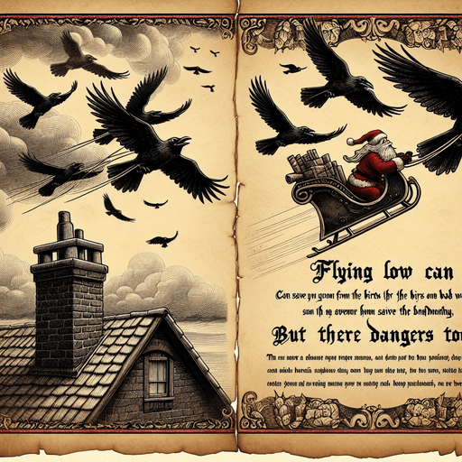 a pergament with a flying santa on his sledge hiding for ravens and storms. In front of him is a chimney. There is the text: "Flying low can save you from the birds and bad weather, but there are dangers too"