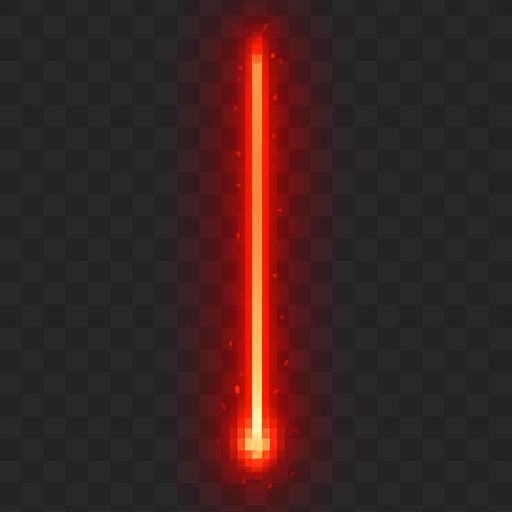 A bright red laser beam for a 2D arcade breakout game.
It should be a narrow vertical beam, glowing with energy and fading slightly toward the tip.
Style: pixel-art or retro arcade effect.
Straight line, no curve.
Transparent background, top-down view.
Use neon red with a light glow.
Resolution: 16x64 px or 32x128 px..
In-Game asset.  2d.  High contrast.  No shadows