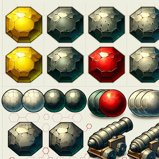Create a set of hexagonal, rock-like balls for a cannon shooting game. Each ball should have a slightly beveled edge, giving it a 3D stone-like appearance with light shading and highlights. The balls should come in three distinct colors: Yellow, Red, and Green, each representing different power-ups or game functions. The texture should resemble polished stone but slightly rough, with subtle cracks or imperfections for realism.".
Single Game Texture.  In-Game asset.  2d.  Blank background.  High contrast.  No shadows
