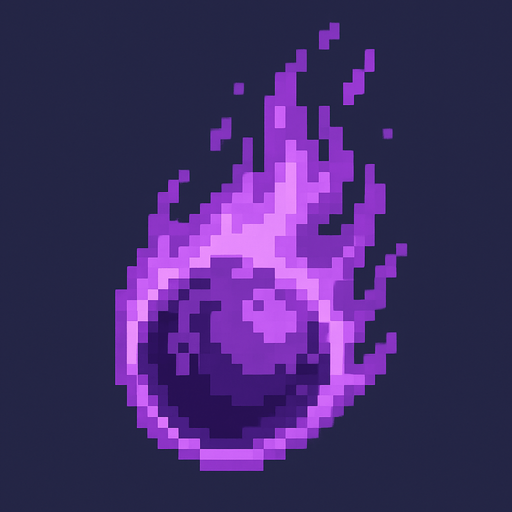 High quality 2D pixel art purple fire ball.
In-Game asset.  2d.  High contrast.  No shadows