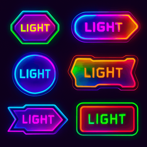 Buttons random shapes & have text 'Light'. HD colors. Cyberpunk. Abstract. Different colors.
In-Game asset.  2d.  High contrast.  No shadows