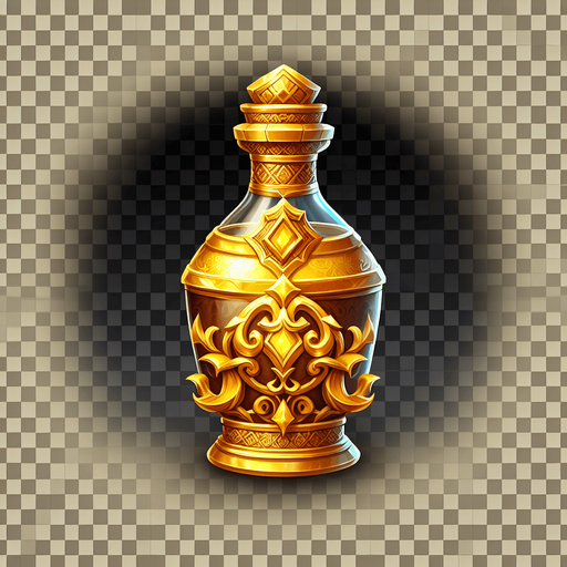 golden bottle transparent background.
Single Game Texture. In-Game asset. 2d. Blank background. High contrast. No shadows.