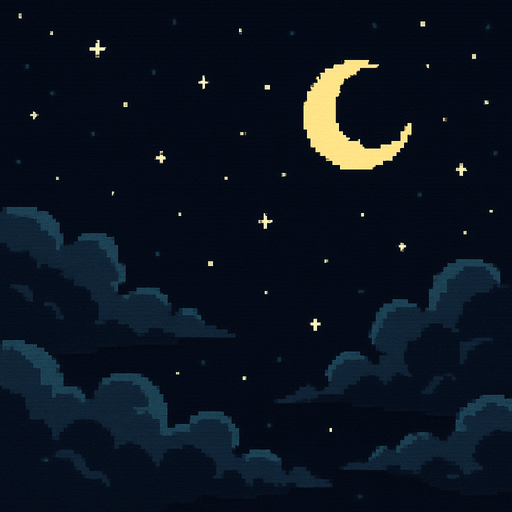 Night sky background, dark blue clouds, stars and moon, peaceful nighttime atmosphere, 2D pixel art.
In-Game asset.  2d.  High contrast.  No shadows