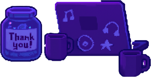 A 2048x2732 vertical pixel art background for a “Support Us” screen in a rhythm-based pixel art game. The scene continues the cozy neon-lit DJ room theme from the main menu, but zooms in slightly on the desk. A pixel-art tip jar labeled “Thank you!”, a laptop covered in music-themed stickers, coffee mugs, and glowing synth equipment are visible. Lighting remains dreamy and lo-fi with purples and soft blues. The mood feels warm, humble, and inviting. No characters or text — just the environment.. In-Game asset. 2d. High contrast. No shadows.
In-Game asset.  2d.  High contrast.  No shadows