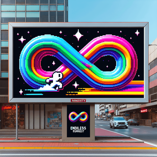 street ad billboard with the FRVR logo (multi-color infinte sign with right loop bigger than the left one) about the "Endless Runner Contest".
high definition video game sprite