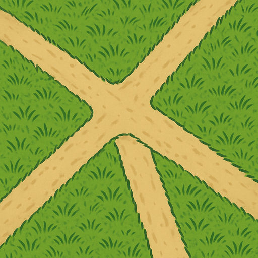 A background with grass details, shot from above, and 4  dirt roads towards the middle, merging from right to left, bottom to top in the middle.
In-Game asset.  2d.  High contrast.  No shadows