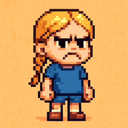 bad regular frown casual girl kid blonde hair braided full body 2d pixel art.
In-Game asset.  2d.  High contrast.  No shadows