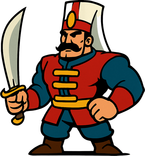 animasyo çizgi dizi gibi bir osmanlı yeniçerisi ama güçlü.
In-Game asset.  2d.  High contrast.  No shadows