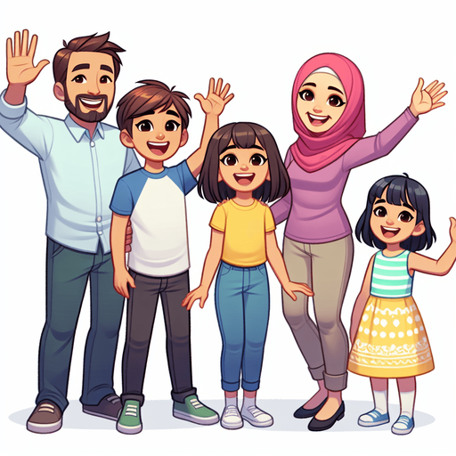 A smiling family waving..
Single Game Texture. In-Game asset. 2d. Blank background. High contrast. No shadows.
