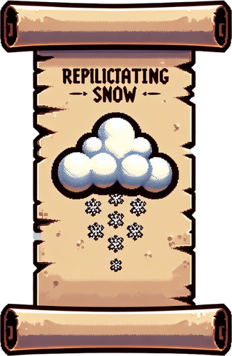 a pergament letter with the name "Replicating Snow". It has a cloud with replicating snowflakes on it. vertical. Single Game Texture. In-Game asset. 2d. Blank background. High contrast. No shadows.