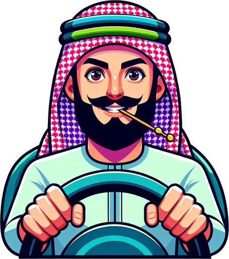 Draw a man in a colorful image with a toothpick in his mouth and behind the steering wheel..
Single Game Texture. In-Game asset. 2d. Blank background. High contrast. No shadows.