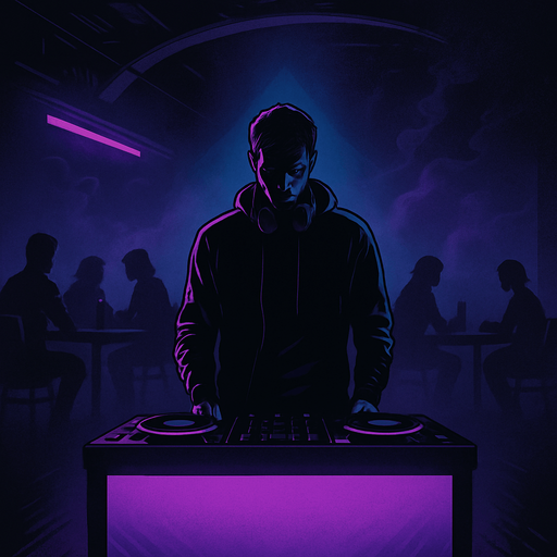 A cinematic comic book-style vertical panel, 2048x2732. Inside a moody, dimly lit underground bar, a lone DJ (Noah) stands behind a glowing DJ booth, facing forward but with his head slightly bowed. Sparse silhouettes of a few customers sit at shadowy tables, blurred by distance and smoke. Purple and blue neon lights gently illuminate the space. The atmosphere feels still, as if something important just began. A faint spotlight outlines Noah's figure. This scene conveys calm before momentum, subtle drama and emotional depth. No text or narration in the image..
In-Game asset.  2d.  High contrast.  No shadows