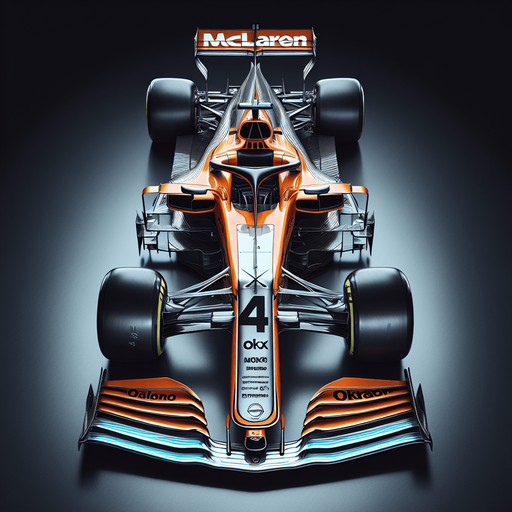 Photorealistic F1 McLaren race car, Top view. 
Orange coloured body and black thick stripe with white Chrome text where the o letter is Google chrome logo. 
Skyblue lines on nose sides. 
Silver 4 number on nose. 
Black OKX text on rear wing.