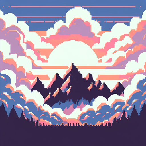 a pixel clouds background, with mountains, full height full width
Single Game Texture.  In-Game asset.  2d.  Blank background.  High contrast.  No shadows