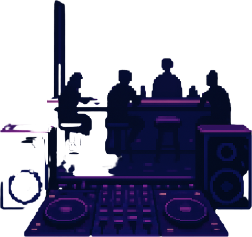 A cozy pixel art bar interior viewed from the DJ's perspective. A dimly lit, moody atmosphere with purple and deep blue neon tones. Visible DJ desk with mixer and speakers in the foreground, blurred bar counter and patrons in the background. Small glowing lights, bottles on shelves, soft lighting, and retro vibes. Resolution: 2048x2732. No characters in front, focus on ambiance and depth..
In-Game asset.  2d.  High contrast.  No shadows