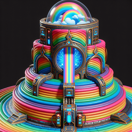Vue de face centrée d'une machine magique en forme de pièce montée arc-en-ciel avec une petite entrée d'alimentation en bas au milieu, un très grand hublot central et un tube transparent dirigé vers le haut..
Single Game Texture.  In-Game asset.  2d.  Blank background.  High contrast.  No shadows
