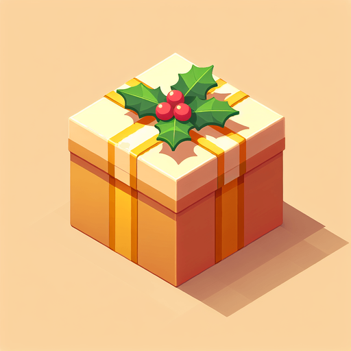 a big light brown and yellow christmas gift decorated with holly leaf. isometric view. no floor. Single Game Texture. In-Game asset. 2d. Blank background. High contrast. No shadows.