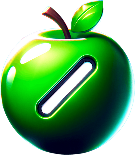 white " /" on a green apple.
Single Game Texture. In-Game asset. 2d. Blank background. High contrast. No shadows.