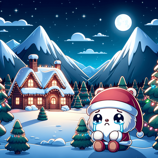 A sad landscape with santa's house, pines, snow, mountains in the back, at night. A cute sad santa crying with big tears in the front. clean feeric style. Background image. 2d. Blank background. Color. High contrast. No shadows.