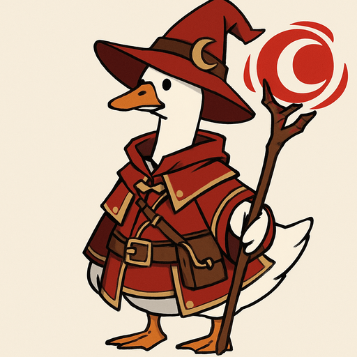 A Emden Goose in Treasure Hoarder Red Moon Mage Outfit with Red Moon Magic Staff.
In-Game asset.  2d.  High contrast.  No shadows