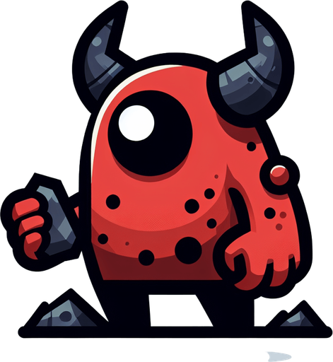 monster in flat shaded style. It has one eye, holding a stone in his hand. thick black outline, red color monster.
Single Game Texture.  In-Game asset.  2d.  Blank background.  High contrast.  No shadows