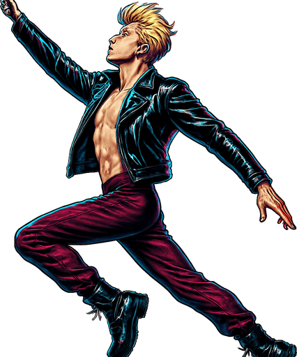 Swishy graceful man opposite arm and leg in front Cyberpunk manga, side profile view jumping pushing off the ground one leg extended one knee raised arm extended overhead Superman flying but fashion pose looking skyward torpedo magic launching leap jump, shiny black leather biker jacket longsleeves shirtless Skinny abs blonde pompadour guy, wine red joggers combat boots, Background removed, "Full-body character, entirely in frame, no cropping of face, head, or feet" "Complete character visible, from head to toe, fully centered in the image" "Entire character, including face and boots, fully within the frame" Character fully contained within a square frame, no edges cut off fashion model idle action pose
