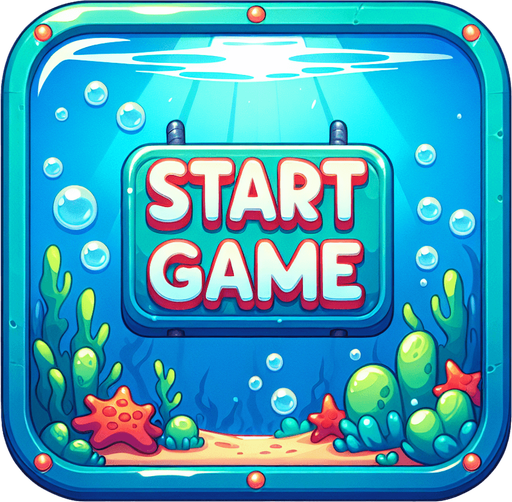 Game start sign. cartoon, shiny, underwater theme. "START GAME".
Single Game Texture. In-Game asset. 2d. Blank background. High contrast. No shadows.