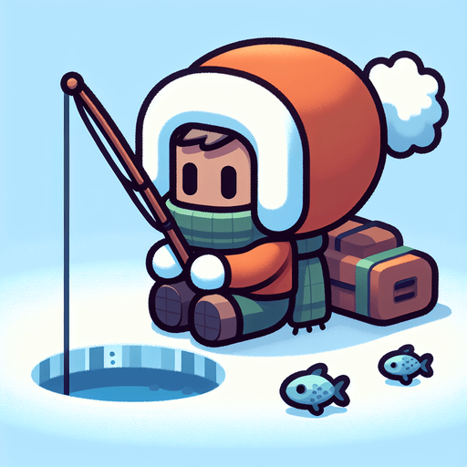 Мультяшный рыбак зимой сидит рыбачит.
Single Game Texture.  In-Game asset.  2d.  Blank background.  High contrast.  No shadows