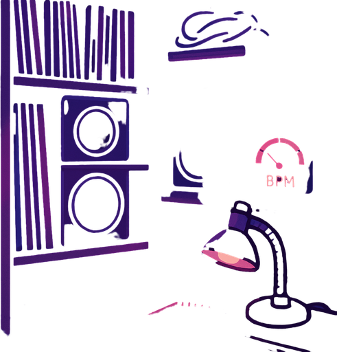 A 2048x2732 vertical pixel art background for a settings screen in a pixel-art rhythm game. The scene shows a cozy side corner of the same DJ studio seen in the main menu, with shelves full of vinyls, tangled audio cables, studio monitors, and an analog BPM dial glowing softly. A small desk lamp casts a warm light over a notepad and some buttons. The lighting is purple and blue, calm and focused. The mood is quiet, technical, and slightly futuristic — perfect for adjusting settings..
In-Game asset.  2d.  High contrast.  No shadows