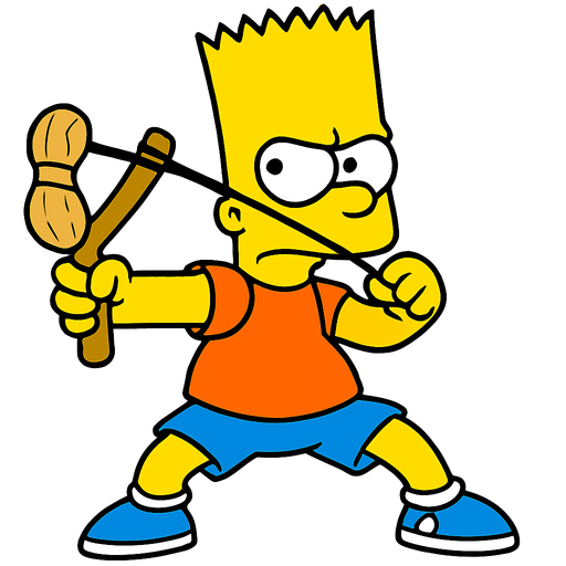 Bart holding a light brown slingshot shaped like a peanut. Make him be in a fighting stance 
In-Game asset.  2d.  High contrast.  No shadows