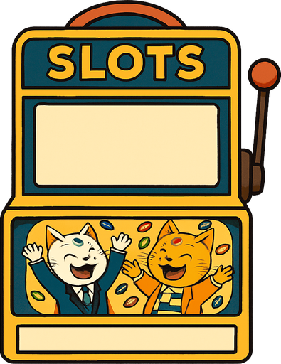 An electronic slots machine with the word Slots at the top. The section where the reels should be is a big empty rectangular window, no background. Underneath that window have a smaller graphic of the cats from this picture throwing chips into the air as a picture on the face of the slots machine. Like they’ve won a jackpot. Include the part where the buttons are, but have that part blank with no buttons. Background behind the image is white.