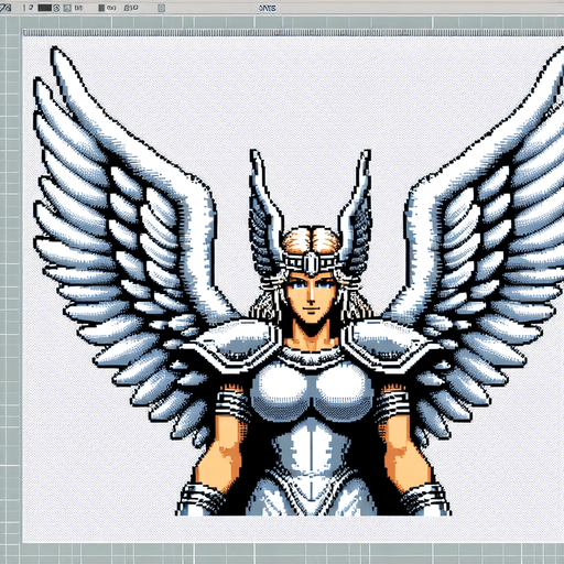 snes female valkyrie white wings spread.
Single Game Texture.  In-Game asset.  2d.  Blank background.  High contrast.  No shadows