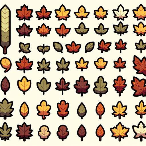 A sprite sheet of fall leaves. Cartoon.
Single Game Texture. In-Game asset. 2d. Blank background. High contrast. No shadows.