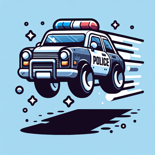 A cartoon flying police car.
Single Game Texture. In-Game asset. 2d. Blank background. High contrast. No shadows.