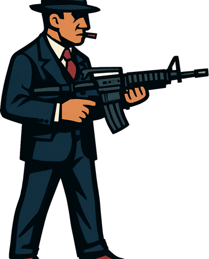 un mafioso italiano usando un m4 con la perspectiva lateral de cuerpo completo
In-Game asset.  2d.  High contrast.  No shadows