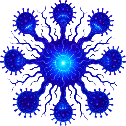 multi-headed virus monster, branching tendrils, glowing core, topdown view, blue and purple neon, organic digital fusion style, symmetrical, circular.
In-Game asset.  2d.  High contrast.  No shadows
