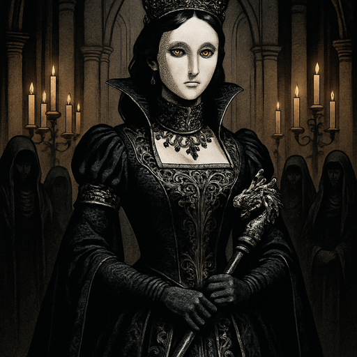 A regal yet enigmatic queen in a black and silver gown, wearing a porcelain mask with only her golden eyes visible. Female, 36 years old, tall and poised, dark wavy hair pinned in a jeweled crown, pale flawless skin. Her gloved hands rest on an ornate scepter with a dragon motif. She stands in a candle-lit throne room surrounded by veiled courtiers. Realistic, highly detailed, gothic royal style. realistic.
In-Game asset.  2d.  High contrast.  No shadows
