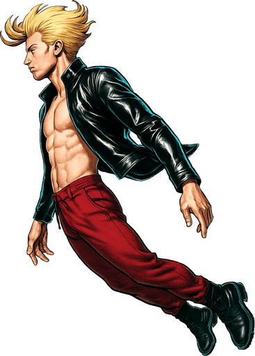 Swishy graceful man Cyberpunk manga, side profile view, flying flight levitation action shot shiny black leather biker jacket longsleeves shirtless Skinny abs blonde pompadour guy, dynamic motion lifting off ground wine red joggers combat boots, tilting forward legs relaxed toes pointed arms relaxed at sides, Background removed, "Full-body character, entirely in frame, no cropping of face, head, or feet" "Complete character visible, from head to toe, fully centered in the image" "Entire character, including face and boots, fully within the frame" Character fully contained within a square frame, no edges cut off fashion model pose style of Vogue magazine