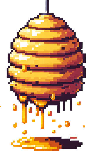 pixelart.a large yellow beehive hanging in the air, dripping from honey..
Single Game Texture. In-Game asset. 2d. Blank background. High contrast. No shadows.