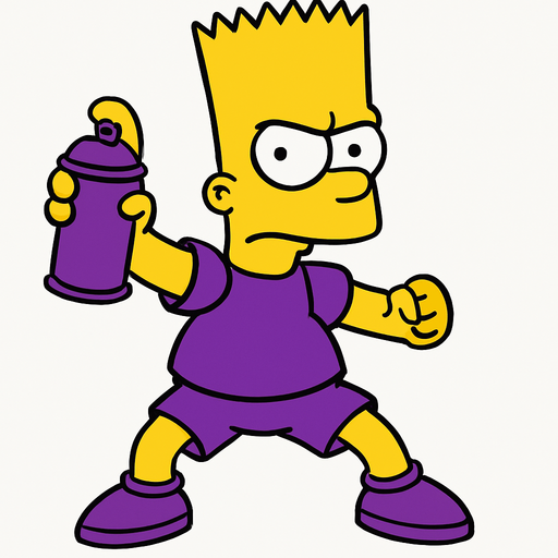 Bart holding a purple Spraycan while he is wearing purple shoes and shorts. Show all of his body in a fighting stance
In-Game asset.  2d.  High contrast.  No shadows