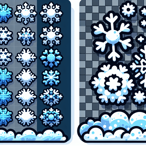 A sprite sheet of different snow flakes. Cartoon.
Single Game Texture. In-Game asset. 2d. Blank background. High contrast. No shadows.