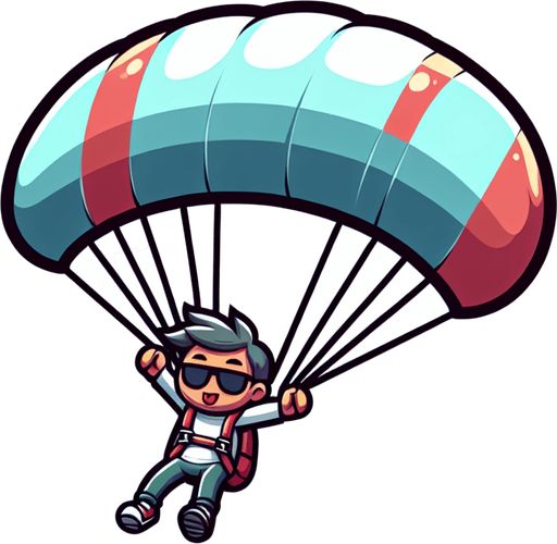 Человек летит на параплане. Мультяшный.
Single Game Texture.  In-Game asset.  2d.  Blank background.  High contrast.  No shadows