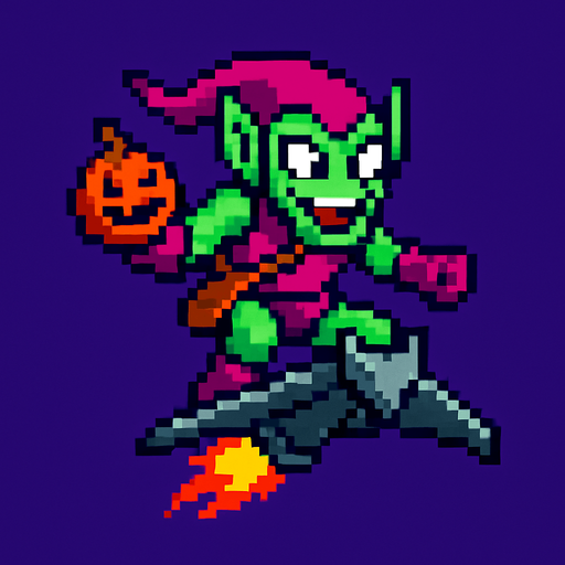 flying pixel art green goblin.
In-Game asset.  2d.  High contrast.  No shadows