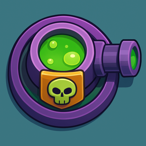 Crea la Torre Poison en un estilo 2D renderizado, limpio y cartoonish, con contornos claros y definidos, colores vibrantes con transiciones suaves, y sombreado que da volumen a sus superficies superiores.
La perspectiva debe ser VISTA CENITAL (totalmente desde arriba). Esto significa que la torre se verá como si estuviera siendo observada directamente desde arriba, con los detalles de su parte superior siendo prominentes.
La base de la torre debe ser circular para permitir un movimiento de cañón cómodo. La salida del veneno o el cañón debe apuntar hacia la DERECHA.
La torre debe tener un perfil bajo y la menor cantidad de relieve vertical posible para facilitar una rotación fluida en la animación..
In-Game asset.  2d.  High contrast.  No shadows