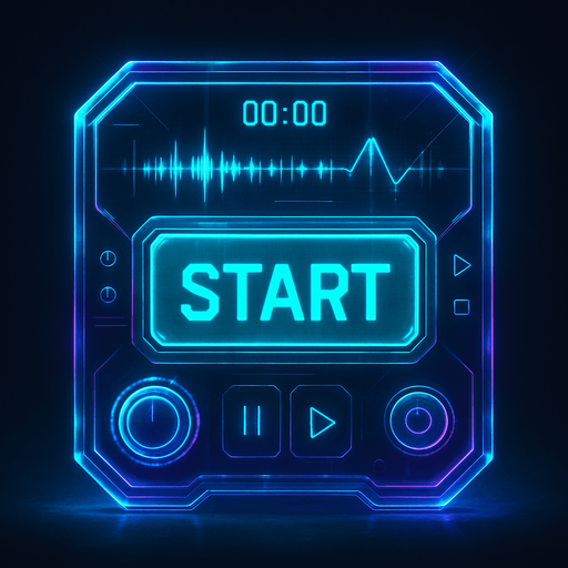 Start button in the shape of a protorealistic holographic futuristc music player.
Front view.